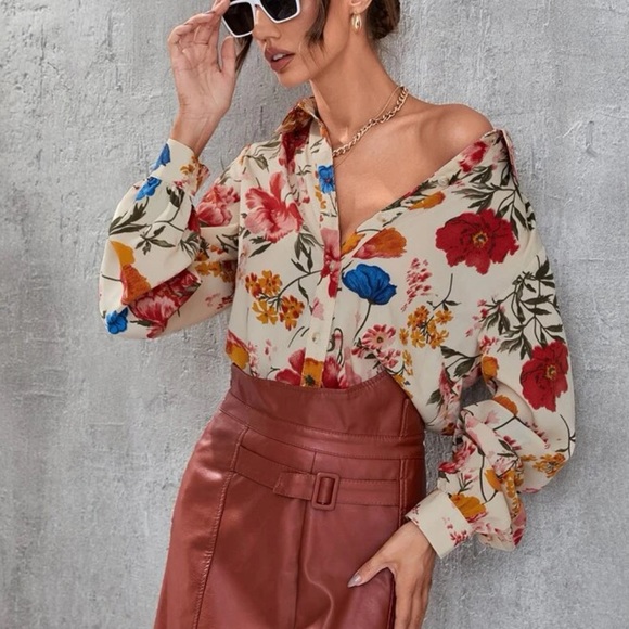 Floral blouse button collar shirt summer spring top flower long sleeve shirt - Picture 6 of 6